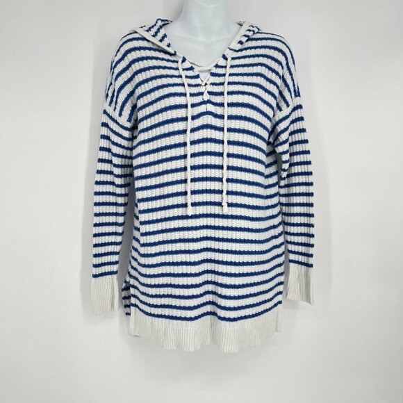 Aerie Striped Knit Hoodie Sweater Blue & White Size M‎ 100% Cotton - Picture 7 of 7